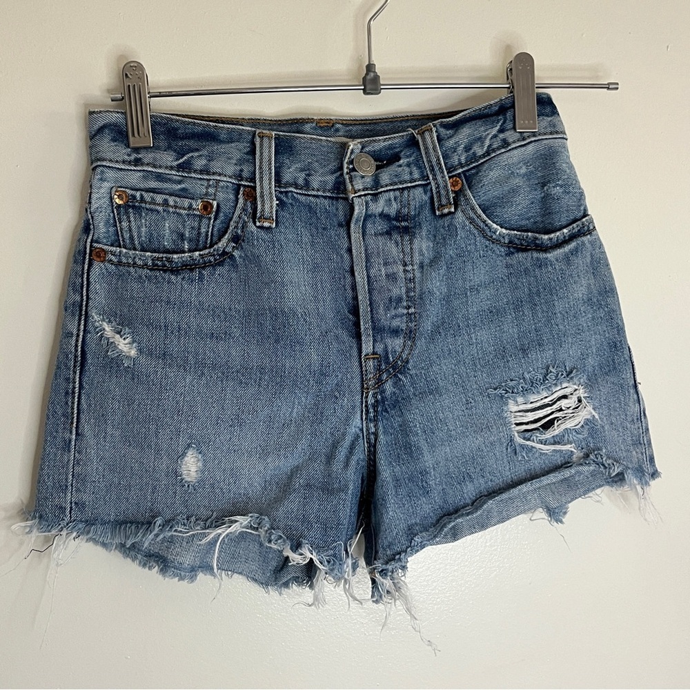 Levi's Wedgie Fit Medium Wash High Rise Distressed Cutoff Denim Shorts